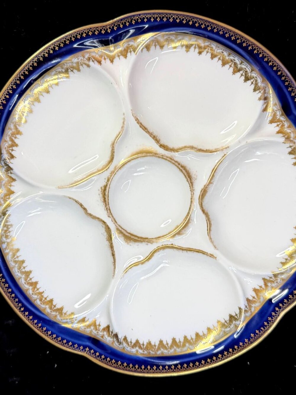 Antique Theodore Haviland Limoges Cobalt blue gold 6-well Oyster Plate A1264